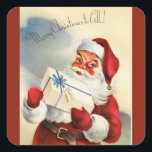 Pegatina Cuadrada Vintage Santa Merry Christmas para todos<br><div class="desc">Este Santa está cálidamente vestido con un traje de Papá Noel rojo y un gorra con mitones rojos a juego. Lleva un paquete de regalo envuelto en cinta azul con una proa azul y una etiqueta de saludo. ¡Mira esas mejillas rojas! Saludo: Feliz Navidad a todos. Imagen de una tarjeta...</div>