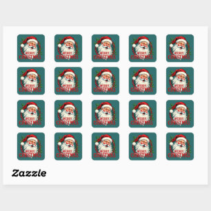 Pegatina Cuadrada Vintage Santa Merry Ilustracion navideño