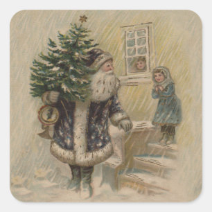 Pegatina Cuadrada Vintage Santa Nieve Árbol de Navidad