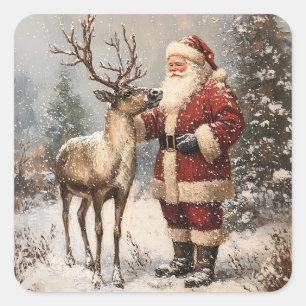 Pegatina Cuadrada Vintage Santa Petting A Reindeer Painting