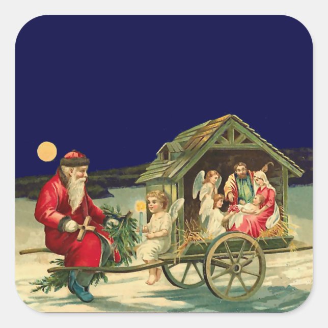 Pegatina Cuadrada Vintage Santa y escena de la natividad (Anverso)