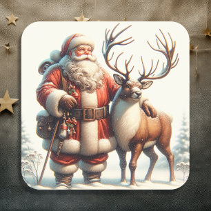 Pegatina Cuadrada Vintage Santa y Navidades nostálgicos renos