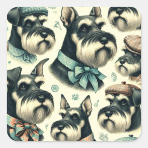 Pegatina Cuadrada Vintage Schnauzer Seamless Ilustracion