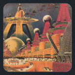 Pegatina Cuadrada Vintage Science Ficción Futurista City Volador Aut<br><div class="desc">Imagen de ficción de ilustracion de viajes y transporte con historietas clásicas retro de ciencia ficción en un entorno urbano con una ciudad del futuro. Los edificios arquitectónicos tienen forma de conos y los vehículos vuelan en el cielo como pájaros mientras las multitudes se mueven a través de la metrópolis....</div>