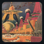 Pegatina Cuadrada Vintage Science Ficción Futurista City Volador Aut<br><div class="desc">Imagen de ficción de ilustracion de viajes y transporte con historietas clásicas retro de ciencia ficción en un entorno urbano con una ciudad del futuro. Los edificios arquitectónicos tienen forma de conos y los vehículos vuelan en el cielo como pájaros mientras las multitudes se mueven a través de la metrópolis....</div>