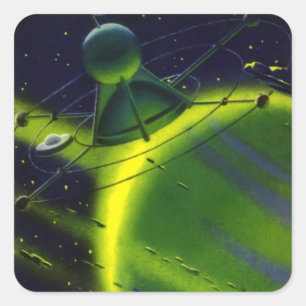 Pegatina Cuadrada Vintage Science Ficción Green Planet w Spaceship