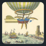 Pegatina Cuadrada Vintage Science Ficción Steampunk Hot Air Balloon<br><div class="desc">Ilustracion Vintage Ciencia Victoriana Ficción viaje futurista y transporte punk de vapor imagen. Un globo de aire caliente (un dirigible) con alas que sobrevuelan el océano con barcos. Hay un castillo en tierra firme y una multitud de personas está a orillas del mar. Un clásico libro de historietas retro de...</div>