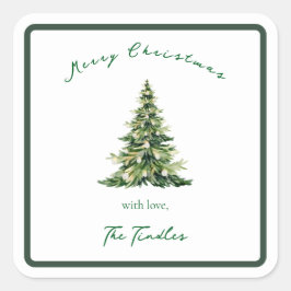 Pegatina Cuadrada Vintage Script Green Gold Christmas Tree Address 