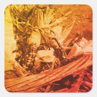Pegatina Cuadrada Vintage Sepia Hindú Corn En Cesta