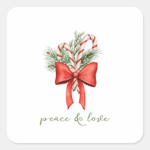 Pegatina Cuadrada Vintage Simple Caramelo Caña Lazo Paz Amor Navidad