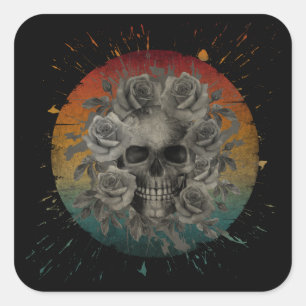 PEGATINA CUADRADA VINTAGE SKULL Y FLORES NEGRO Y BLANCO