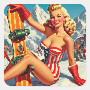 Pegatina Cuadrada Vintage Snowboard Pin Up