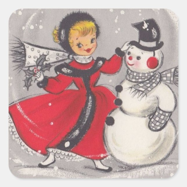 Pegatina Cuadrada Vintage Snowman bailando con Chica (Anverso)