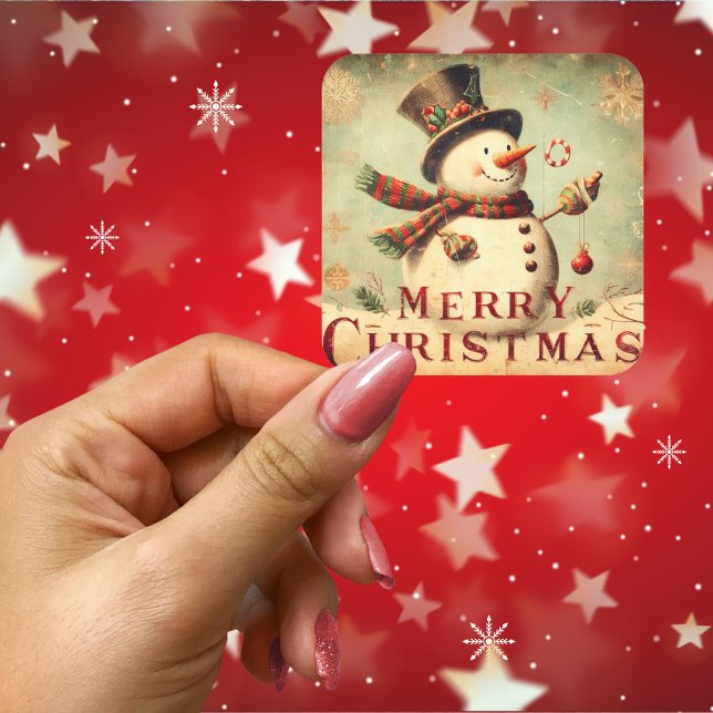 Pegatina Cuadrada Vintage Snowman - Feliz Navidad (Vintage Snowman - Merry Christmas Square Sticker)
