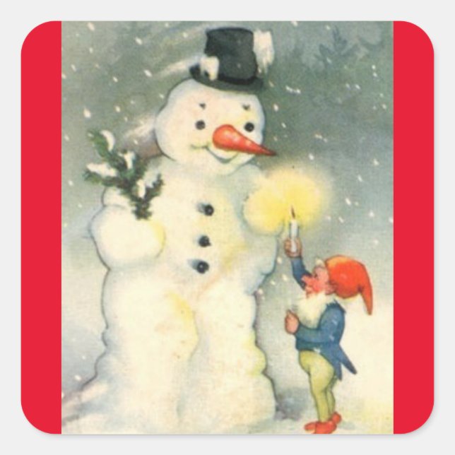 Pegatina Cuadrada Vintage Snowman Y Elf (Anverso)