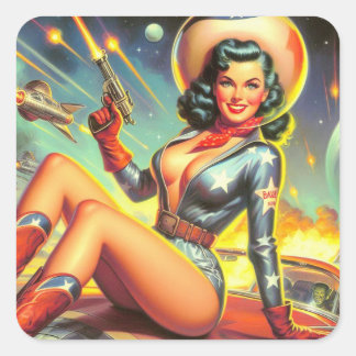 Pegatina Cuadrada Vintage Space Cowgirl Pin Up