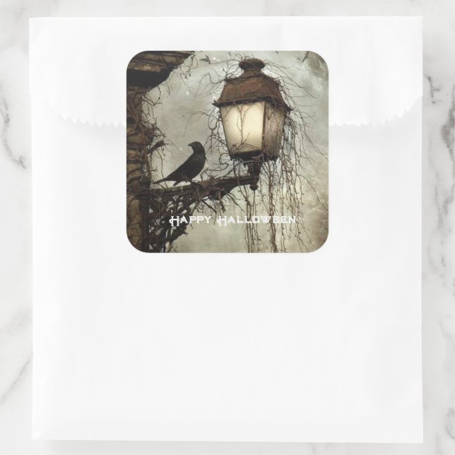 Pegatina Cuadrada Vintage Spooky Raven en Lantern Halloween (Bolso)