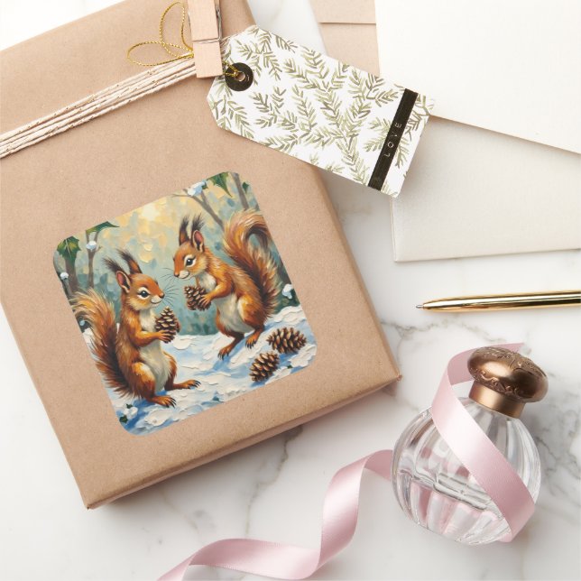 Pegatina Cuadrada Vintage Squirrels Gathering Pinecones Christmas (Regalar)