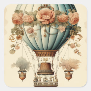 Pegatina Cuadrada Vintage Steampunk Floral Blue Hot Air Balloon