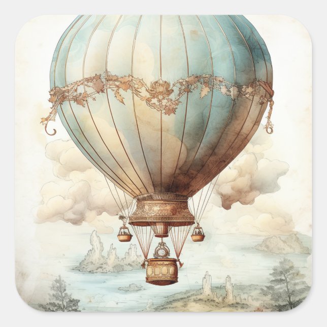 Pegatina Cuadrada Vintage Steampunk Hot Air Balloon (2) (Anverso)