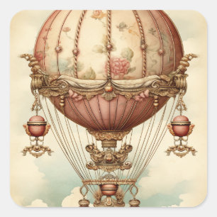 Pegatina Cuadrada Vintage Steampunk Pink Hot Air Balloon