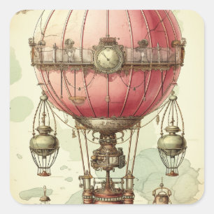 Pegatina Cuadrada Vintage Steampunk Pink Hot Air Balloon (2)