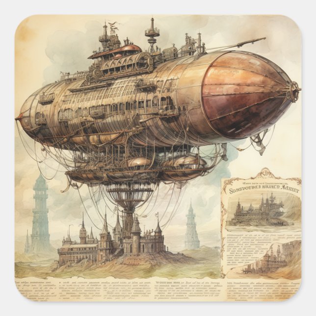 Pegatina Cuadrada Vintage Steampunk Zeppelin (10) (Anverso)