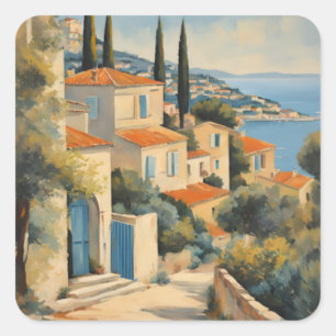 Pegatina Cuadrada Vintage Style Cote D'Azur French Travel Watercolor