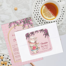 Pegatina Cuadrada Vintage Tea Cups Stacked Floral Pink Bridal Shower