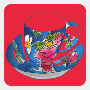 Pegatina Cuadrada Vintage Teacups ilustracion acuático original
