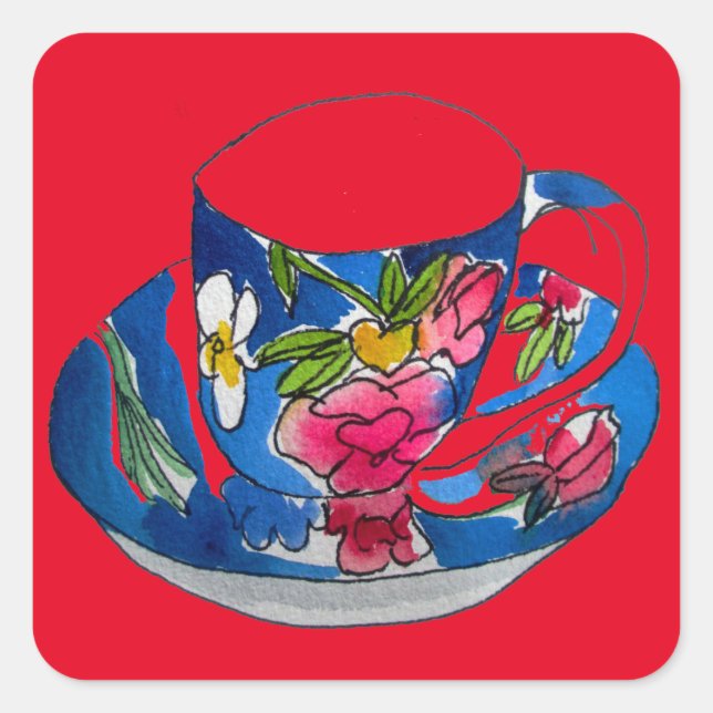 Pegatina Cuadrada Vintage Teacups ilustracion acuático original (Anverso)
