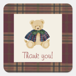 Pegatina Cuadrada Vintage Teddy Bear Plaid Pattern Thank You