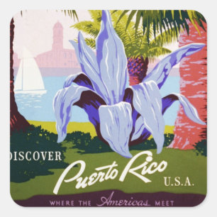 Pegatina Cuadrada Vintage Travel Poster, Discover Puerto Rico!