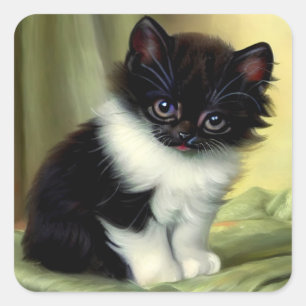 Pegatina Cuadrada Vintage Tuxedo Kitten Ilustracion