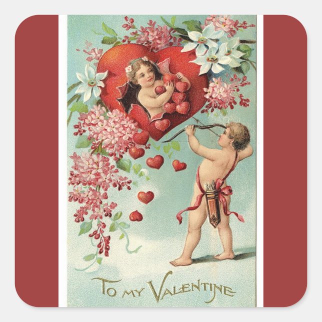 Pegatina Cuadrada Vintage Valentine Cherubs and Hearts (Anverso)