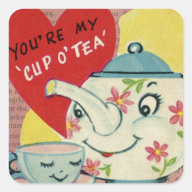 Pegatina Cuadrada Vintage Valentine Cup of Tea (Anverso)