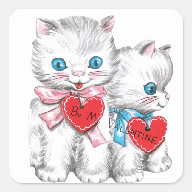Pegatina Cuadrada Vintage Valentine Kittens (Anverso)