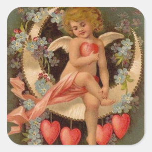 Pegatina Cuadrada Vintage Valentines Cherub En La Luna