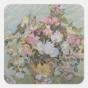 Pegatina Cuadrada Vintage Van Gogh Vase con rosas rosas rosas rosas