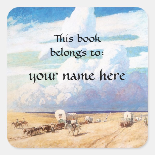 Pegatina Cuadrada Vintage Western Cowboys, NC Wyeth Bookplate (Anverso)