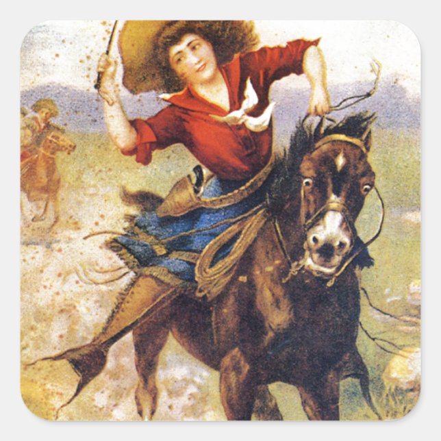 Pegatina Cuadrada Vintage Western Cowgirl On Horse (Anverso)
