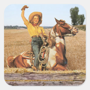 Pegatina Cuadrada Vintage Western Cowgirl Sobre La Onda De Caballos