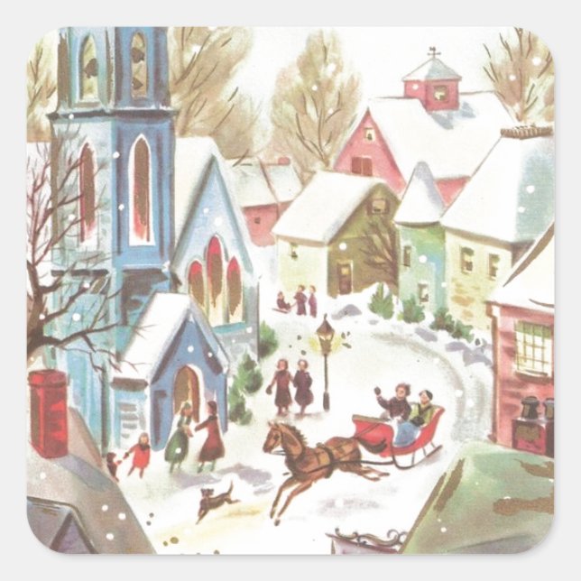 Pegatina Cuadrada Vintage Winter Navidades Village Scene (Anverso)