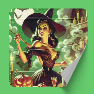 Pegatina Cuadrada Vintage Witch Halloween Pin Up