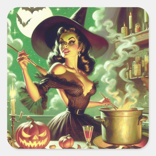 Pegatina Cuadrada Vintage Witch Halloween Pin Up (Anverso)