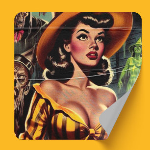 Pegatina Cuadrada Vintage Witch Pin-up