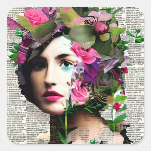Pegatina Cuadrada Vintage Woman Paper Collage