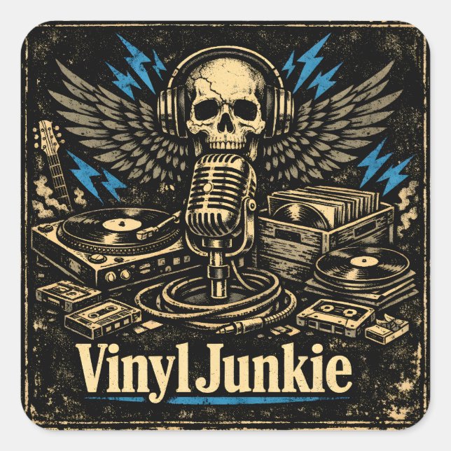 Pegatina Cuadrada Vinyl Junkie – Record Collector Analog Love (Anverso)