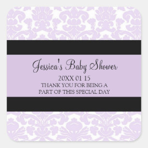 Pegatina Cuadrada Violet Damask Baby Shower Favor Pegatinas