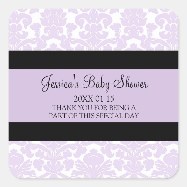 Pegatina Cuadrada Violet Damask Baby Shower Favor Pegatinas (Anverso)